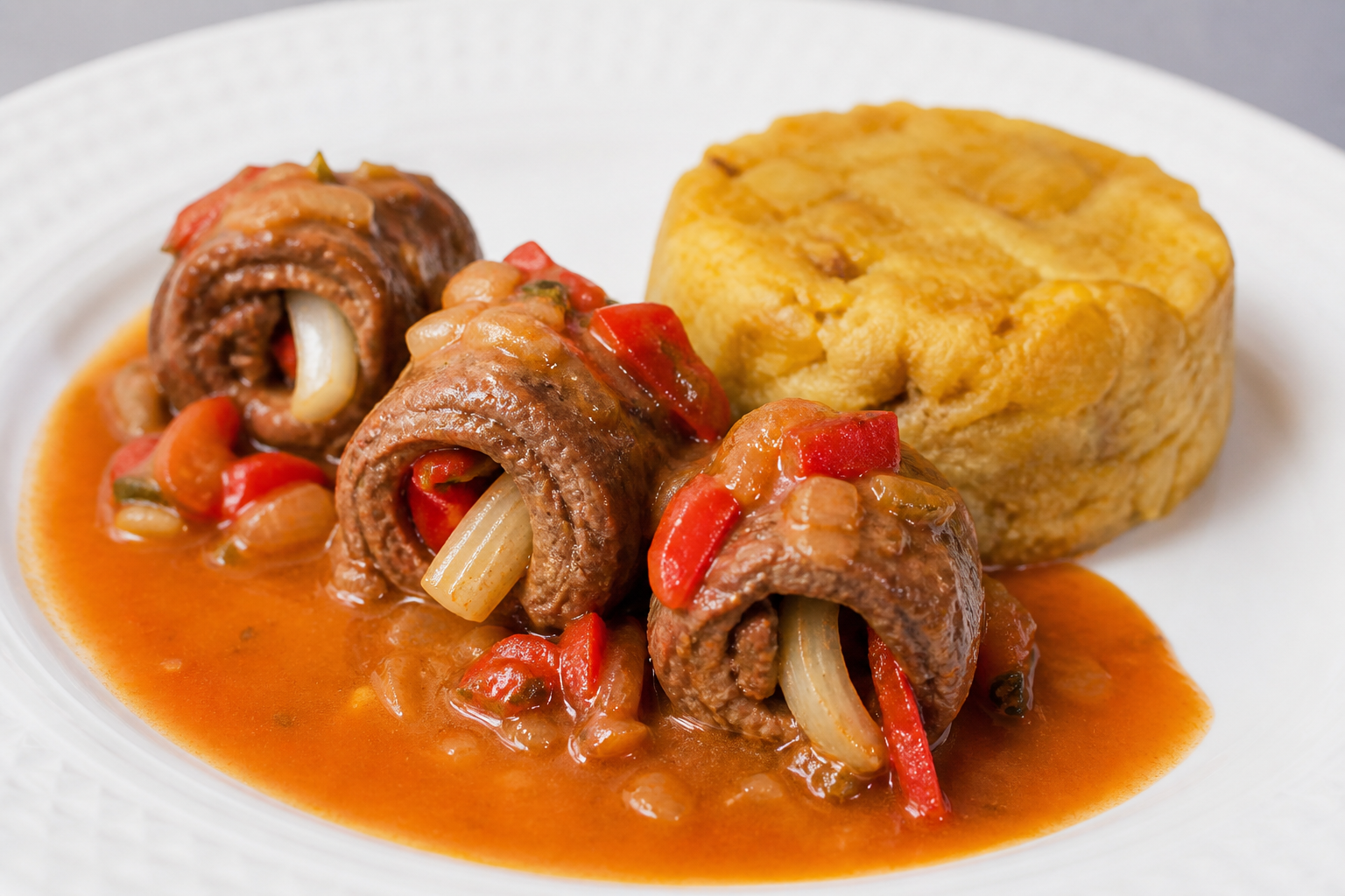 Puerto Rican Beef Rolls in Spicy Guava Sauce with Soft Yuca Mofongo