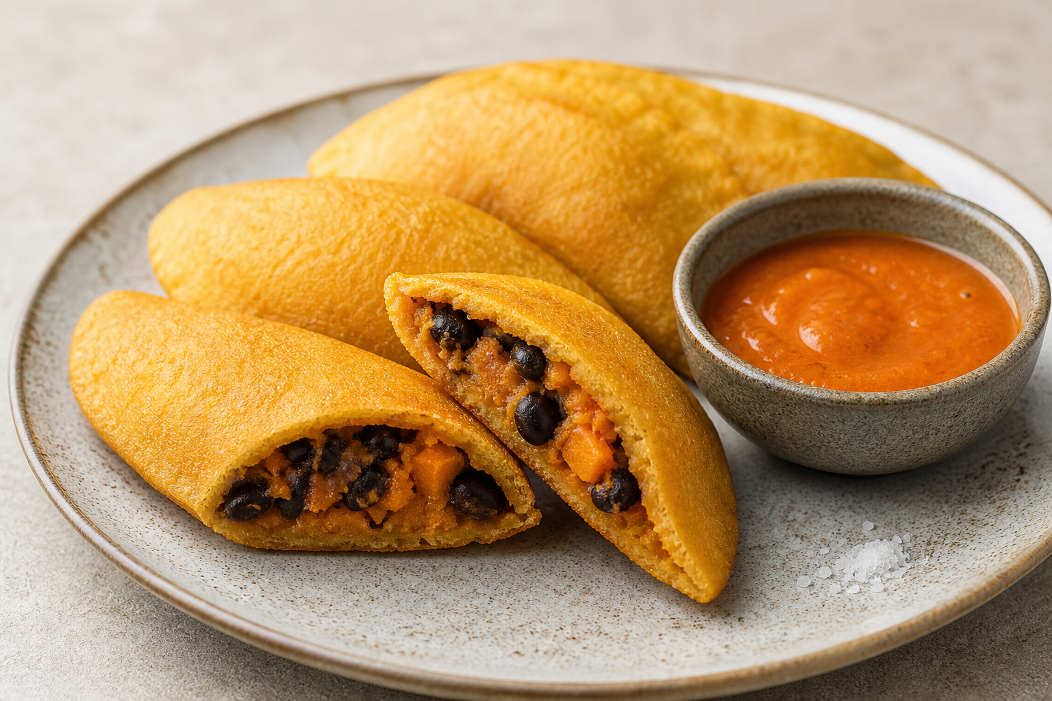 Pastelitos Criollos de Batata y Caraotas con Salsa Tibia de Ají Dulce