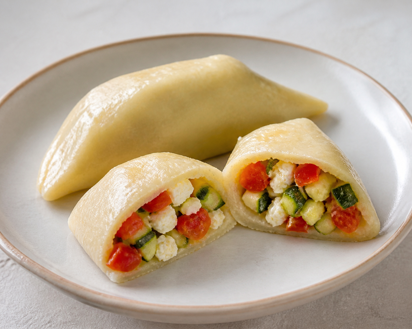 Pounded Corn Dumplings with Sweet Pepper, Zucchini, and White Cheese Filling