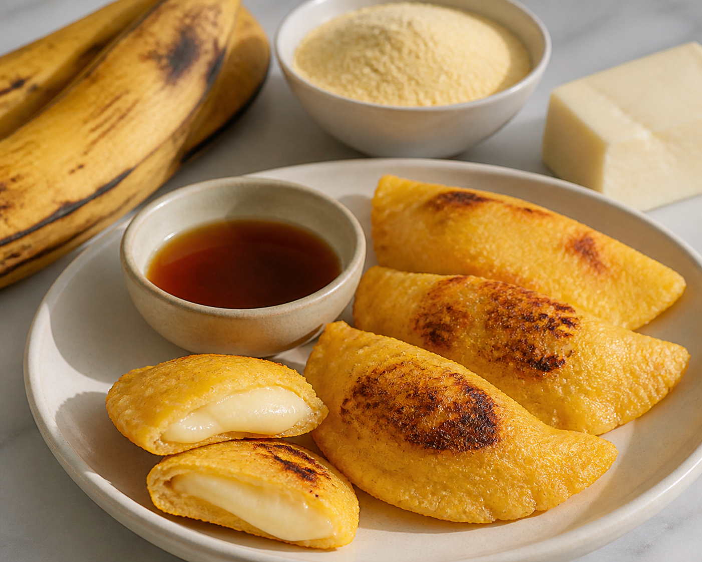 Pastelitos Criollos de Topocho y Queso con Mojo Tibio de Papelón y Limón
