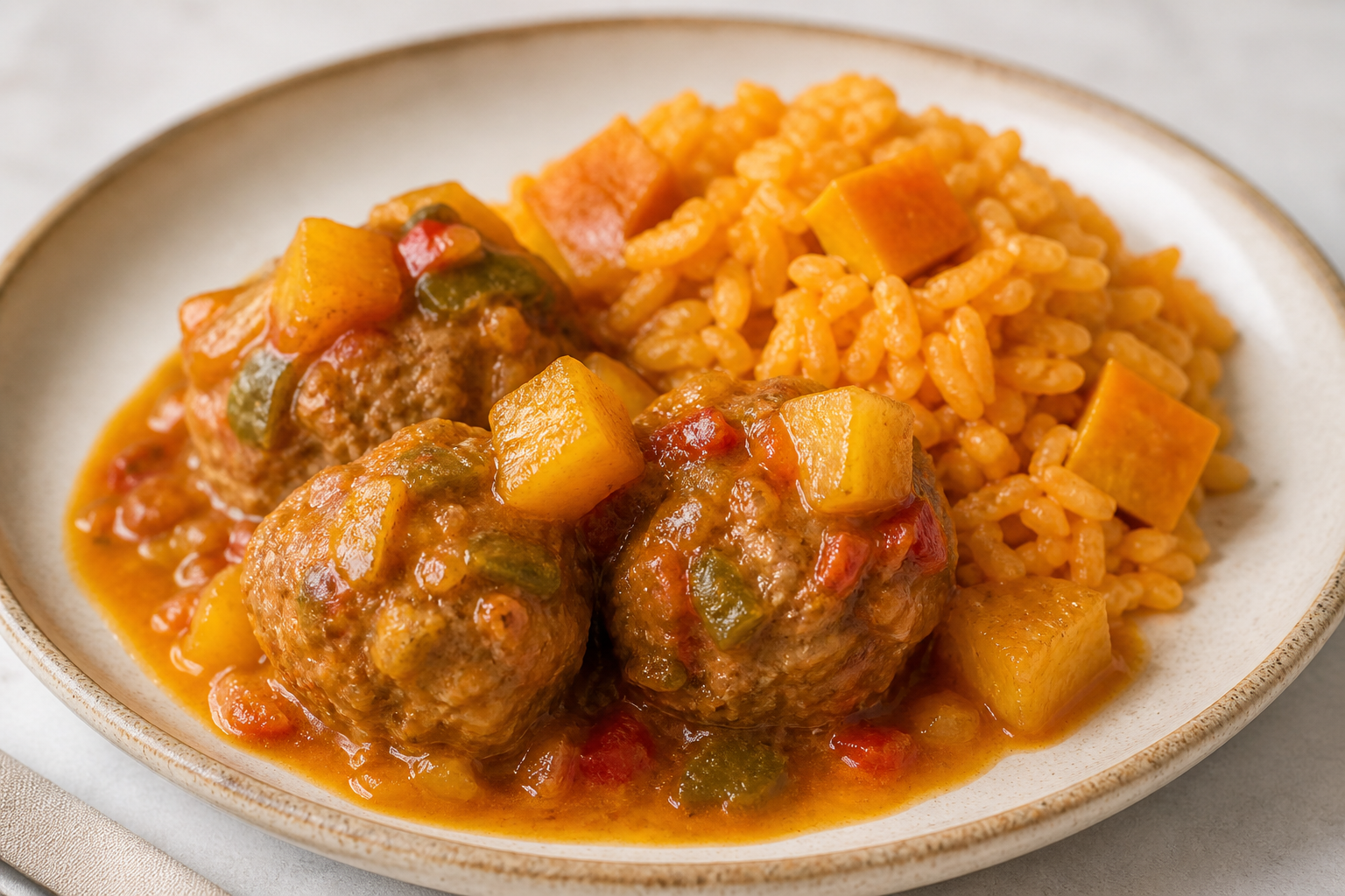 Albóndigas Boricuas de Pavo en Salsa de Sofrito y Piña con Arroz Cremoso de Calabaza