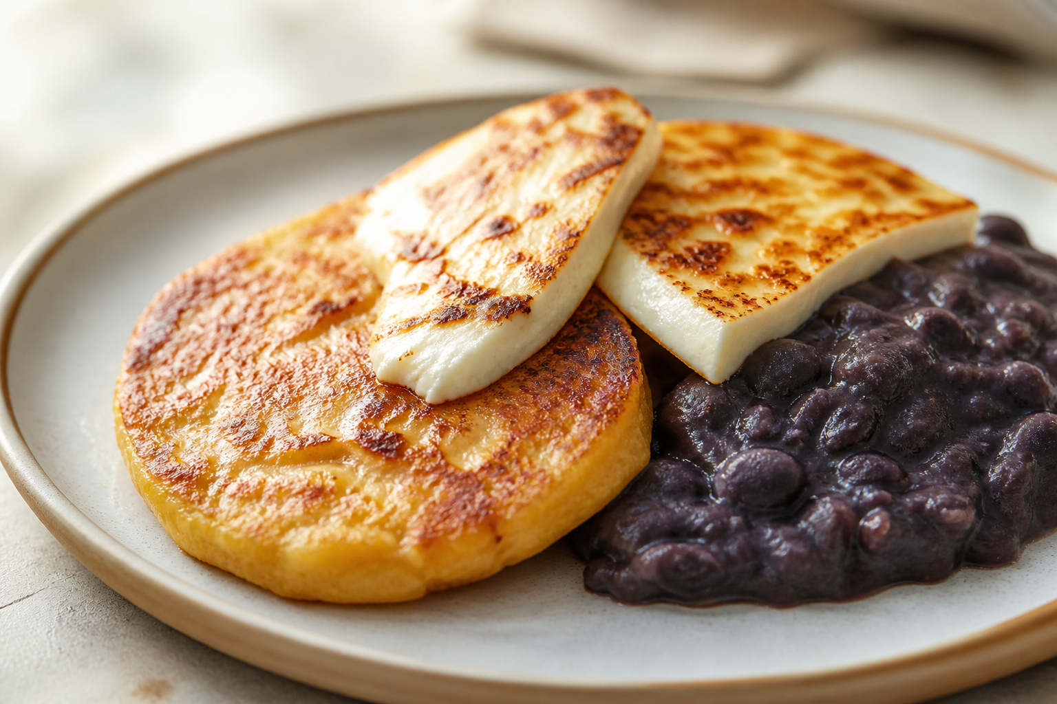 Topocho and Corn Pancakes with Creamy Black Beans and Seared Cheese