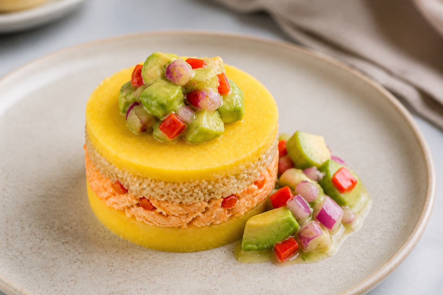 Causa Dorada de Quinua con Pollo al Rocoto Suave y Ensalada Criolla de Palta