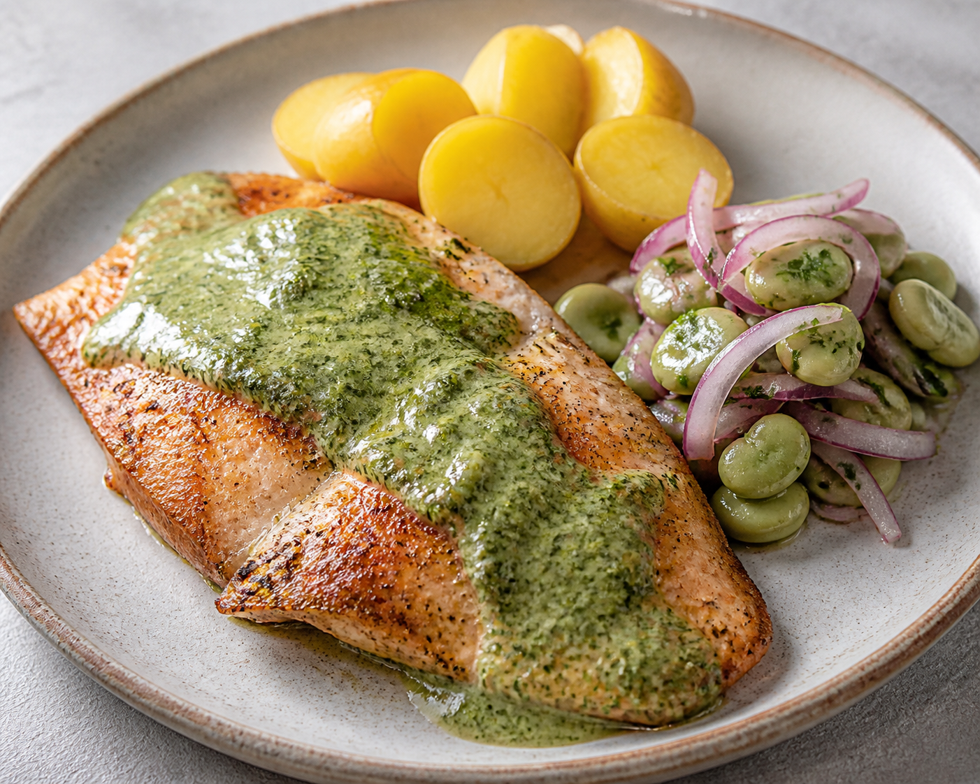Andean Trout with Huacatay Lime Sauce, Golden Potatoes, and Warm Fava Bean Salad