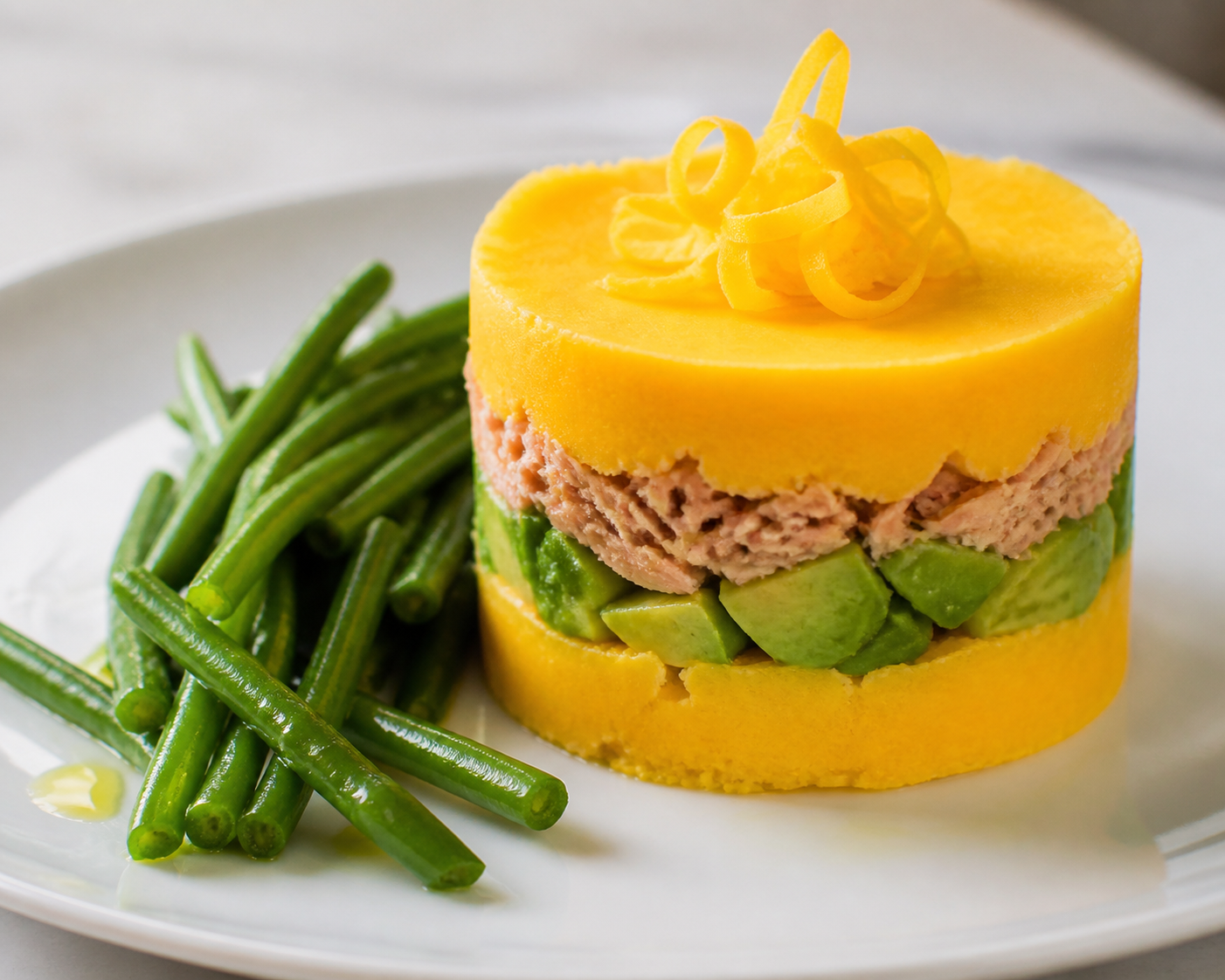 Golden Causa with Smoked Tuna, Avocado, Yellow Chili and Warm Green Bean Salad