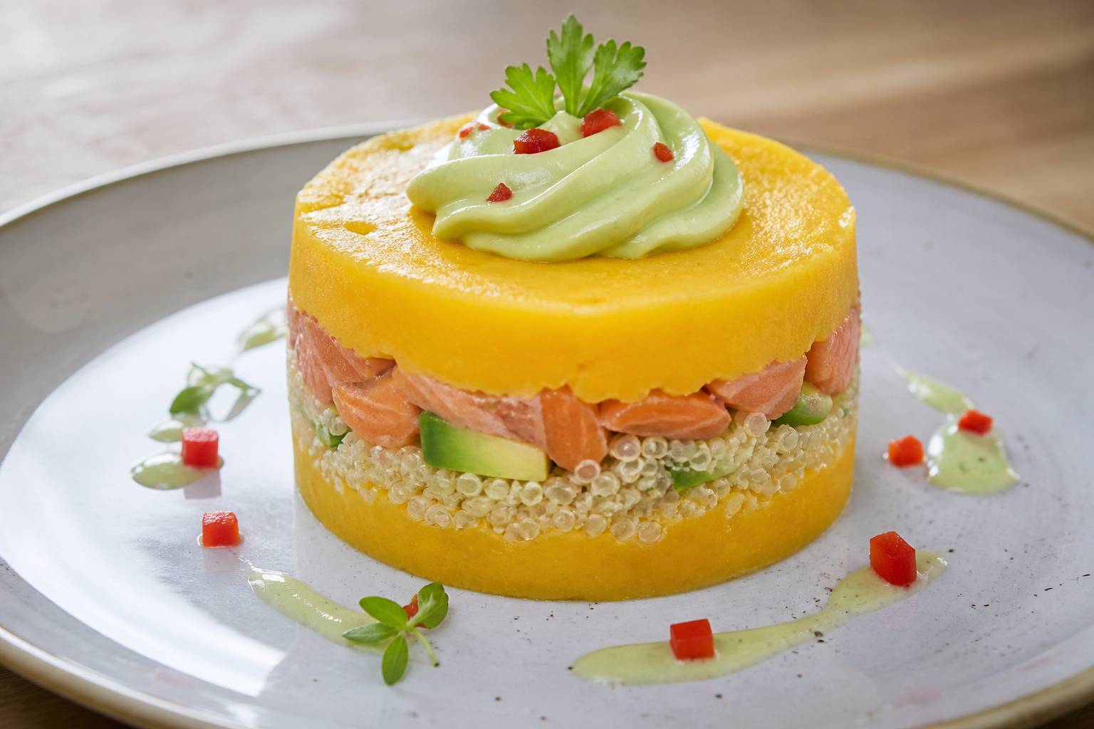 Golden Quinoa Causa with Smoked Trout and Rocoto Avocado Cream