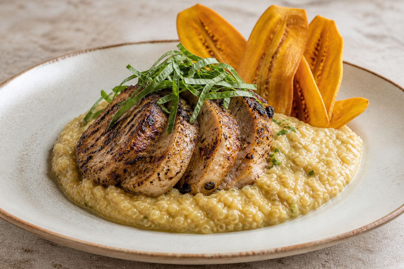 Creamy Quinoa Locro with Coffee-Seared Pork, Huacatay and Plantain Chips