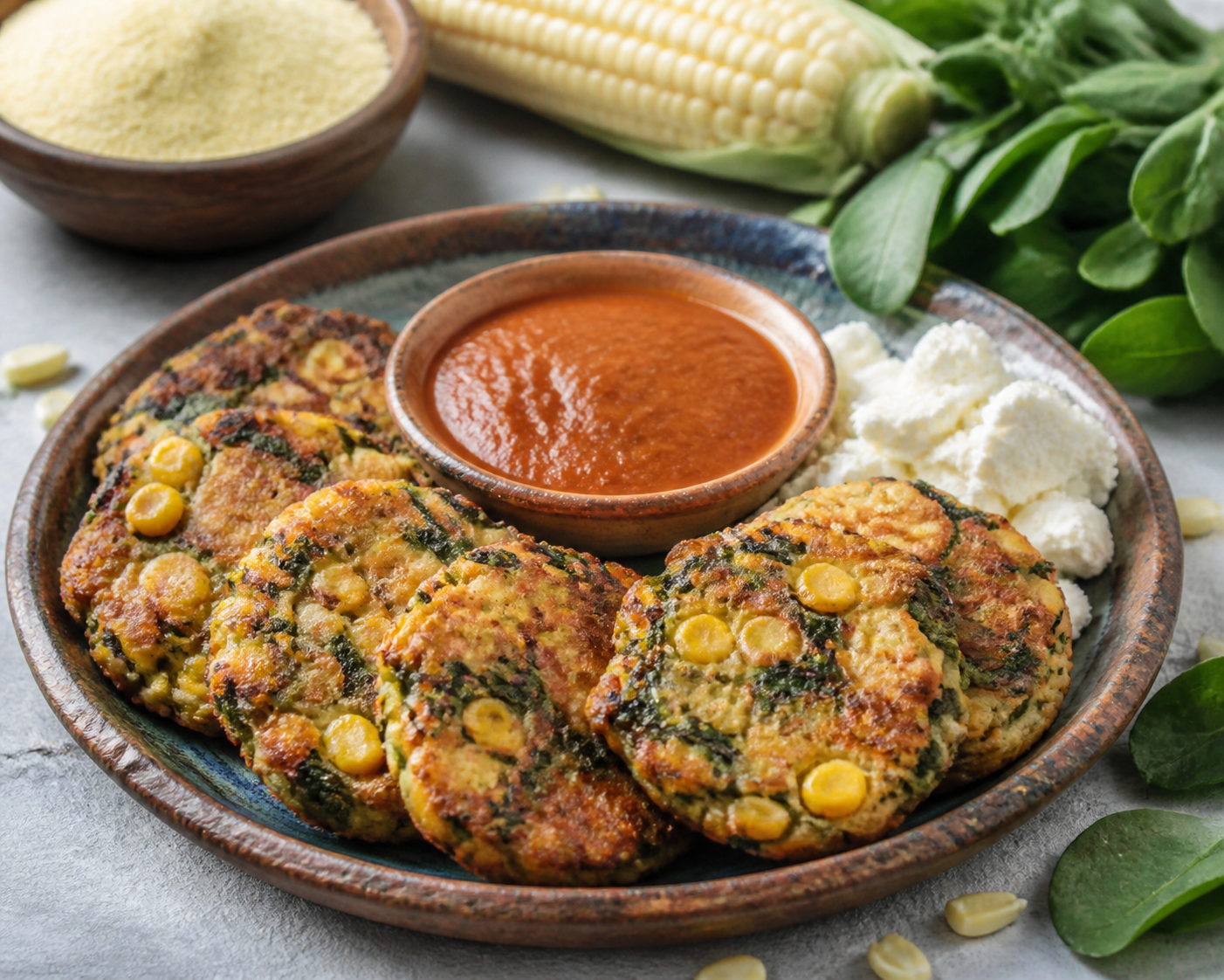 Tortitas Salvadoreñas de Maíz y Chipilín con Salsa de Tomate Asado y Queso Fresco