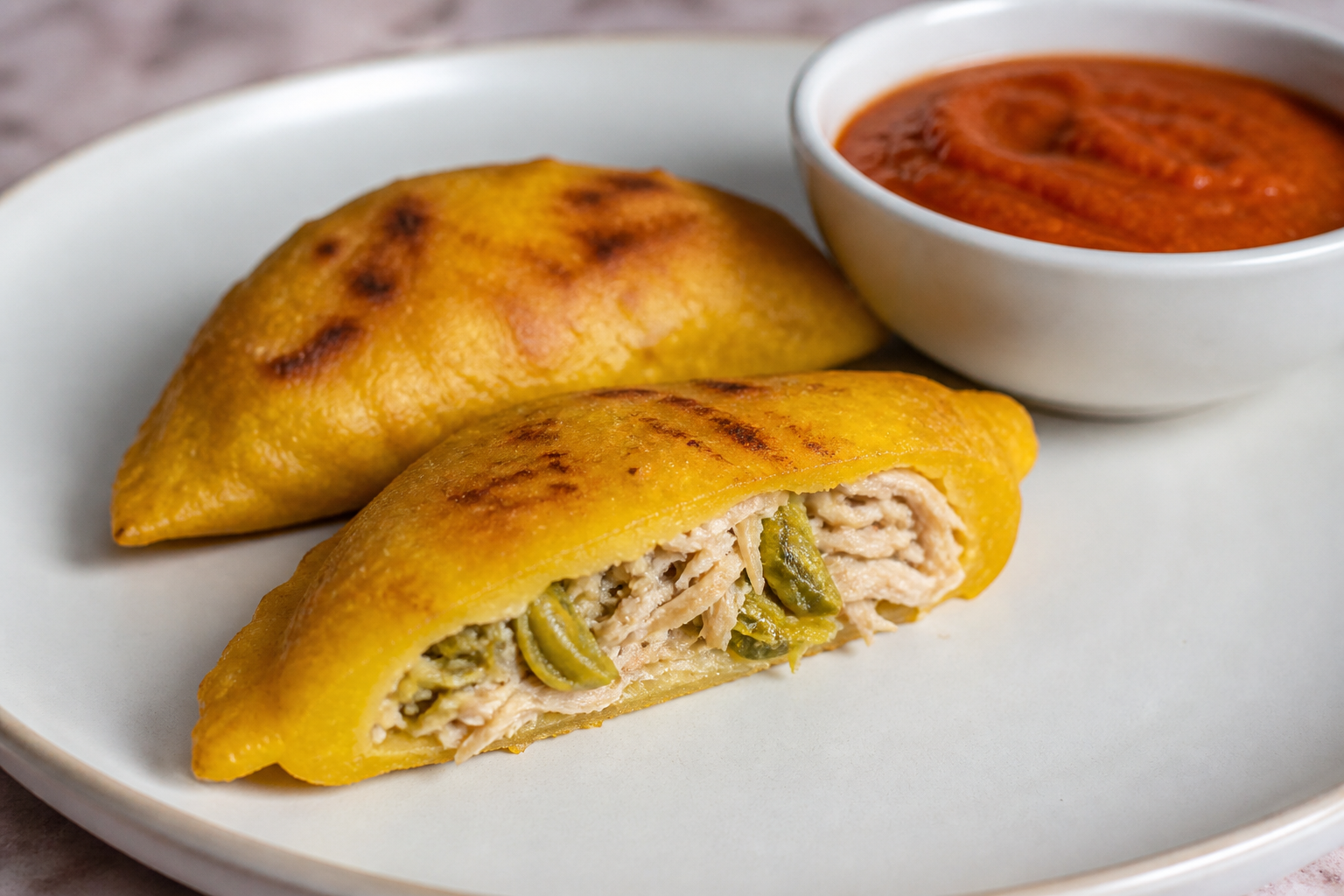 Empanaditas salvadoreñas de plátano maduro con pollo al loroco y salsa de tomate rostizado
