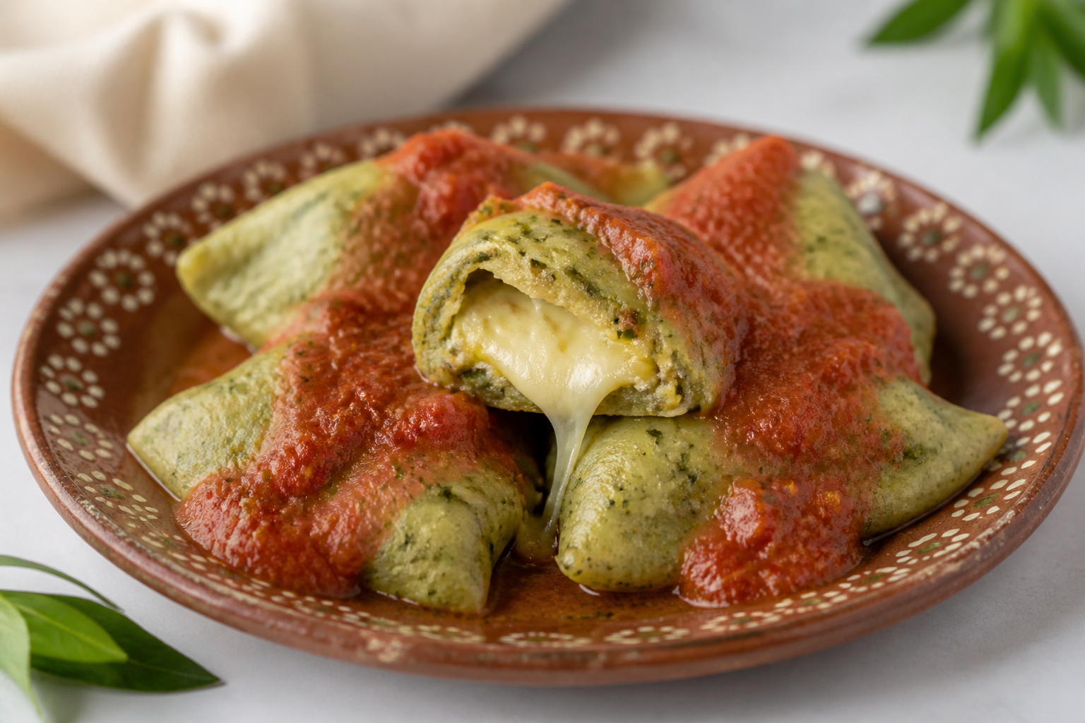 Bollitos de maíz y chipilín rellenos de quesillo con salsa de tomate tatemado