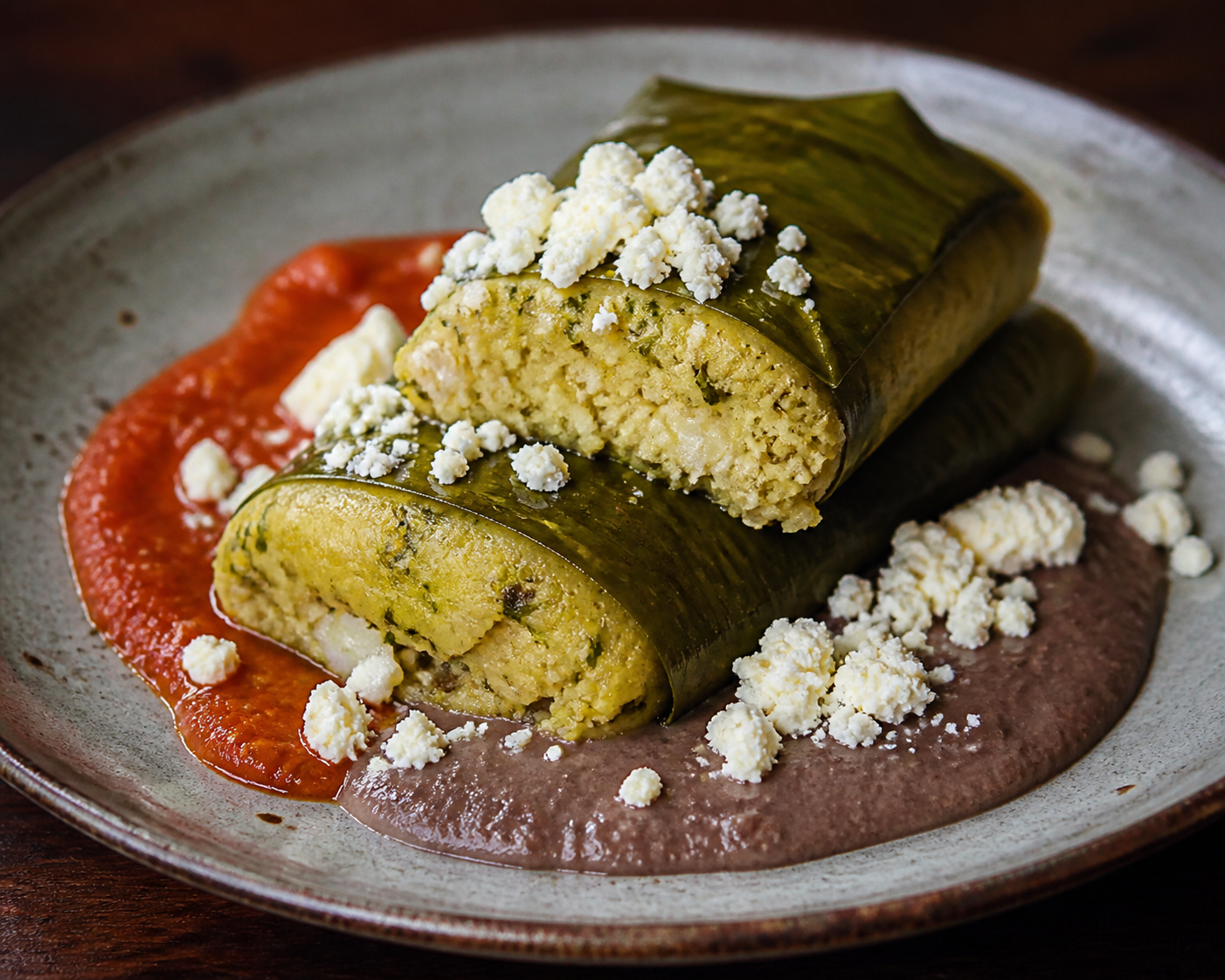 Salvadoran Corn and Chipilín Wrapped Cakes with Cheese, Roasted Tomato Sauce, and Red Bean Cream