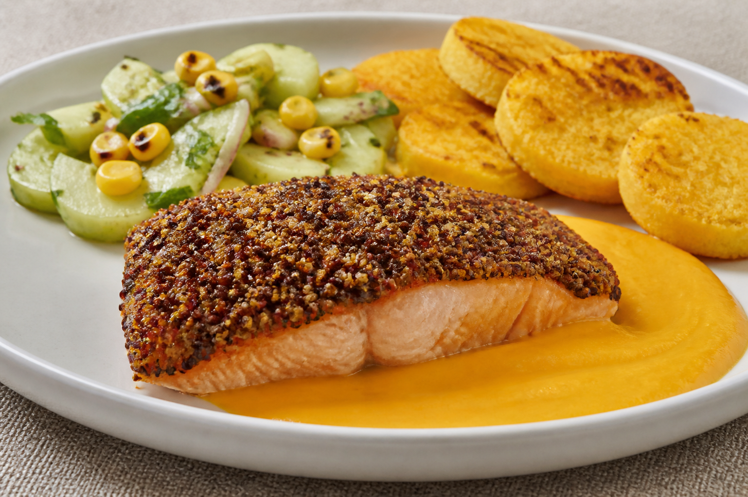 Andean Trout in Quinoa Crust with Warm Goldenberry Cream and Creole Cucumber Salad
