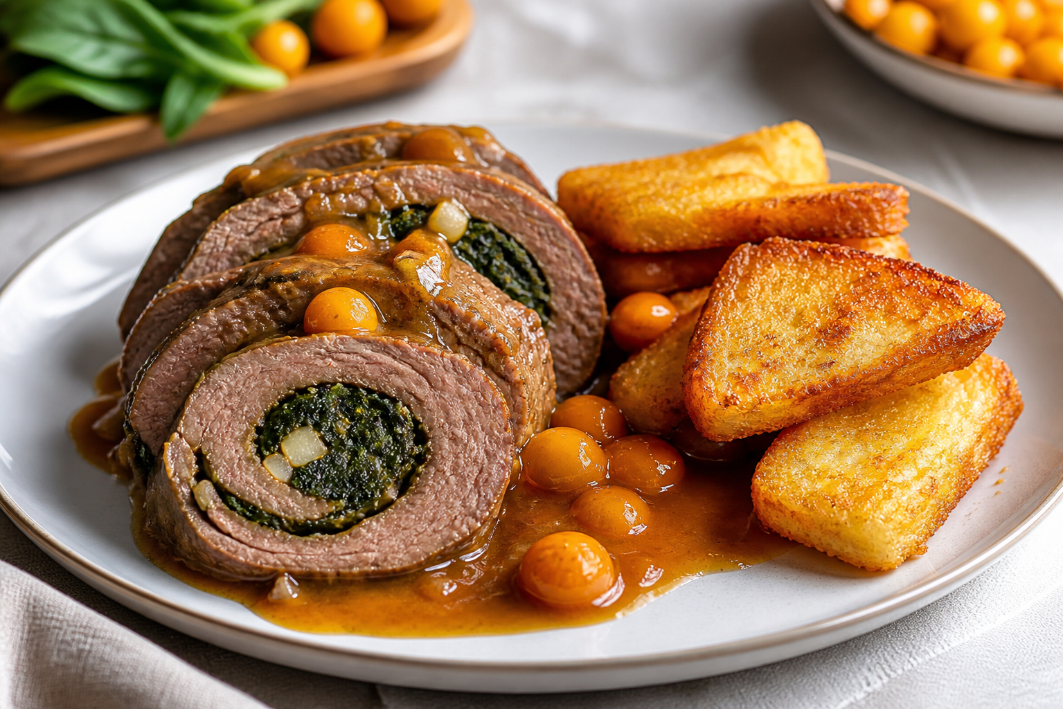 Stuffed Beef Round in Goldenberry-Panela Sauce with Crispy Yuca Cakes