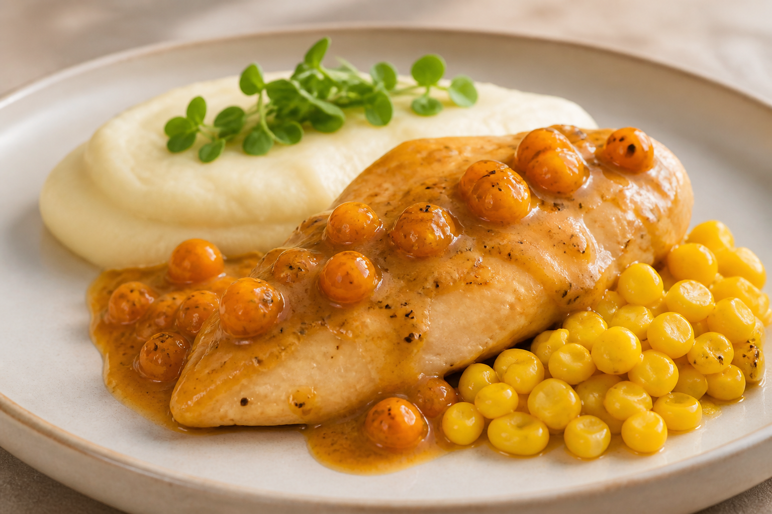 Pechuga de Pollo en Salsa de Uchuva y Mostaza Criolla con Puré de Ñame y Maíz Salteado
