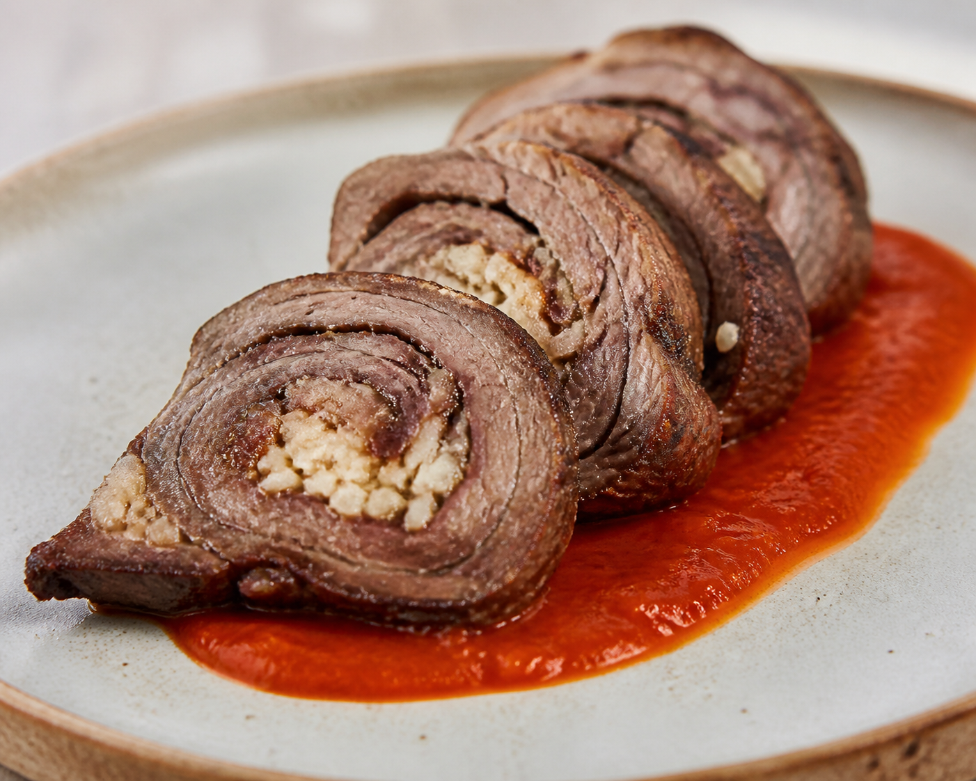 Arrollado Criollo de Vacío con Cebolla Caramelizada, Queso Sardo y Salsa de Morrones Asados