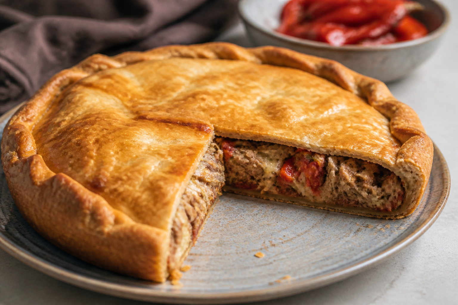 Tarta criolla de bondiola desmenuzada, morrones asados y queso sardo