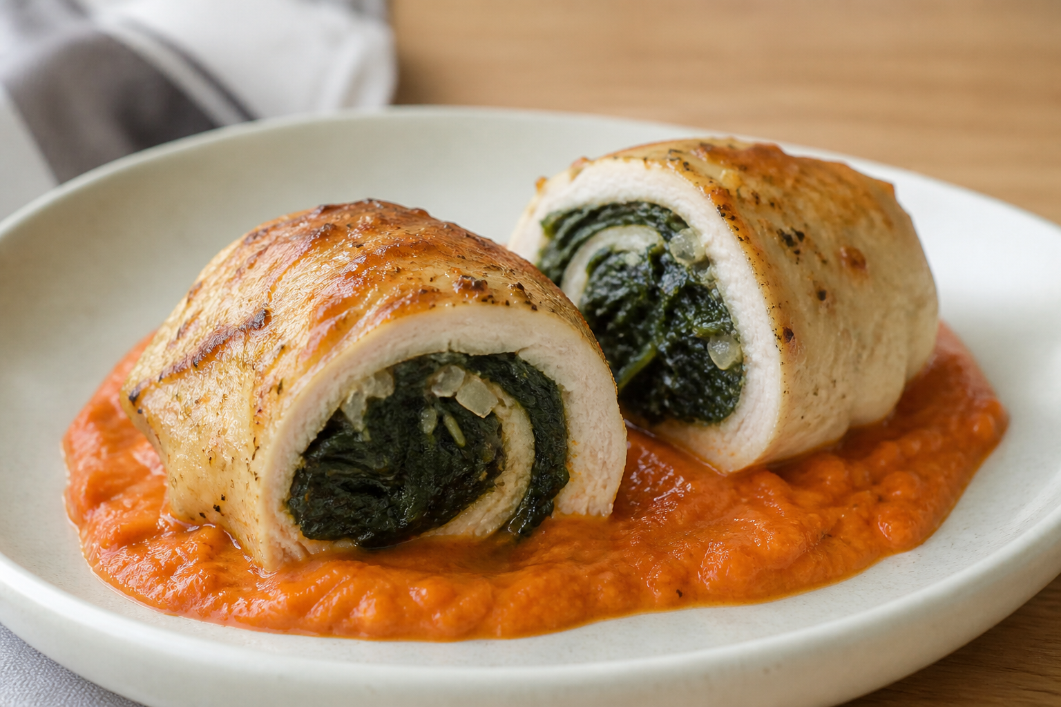 Criollo Chicken and Spinach Roll with Roasted Red Pepper Sauce