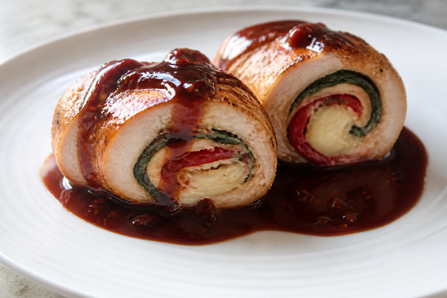 Criollo Chicken Roll with Roasted Red Pepper, Cheese and Malbec Sauce