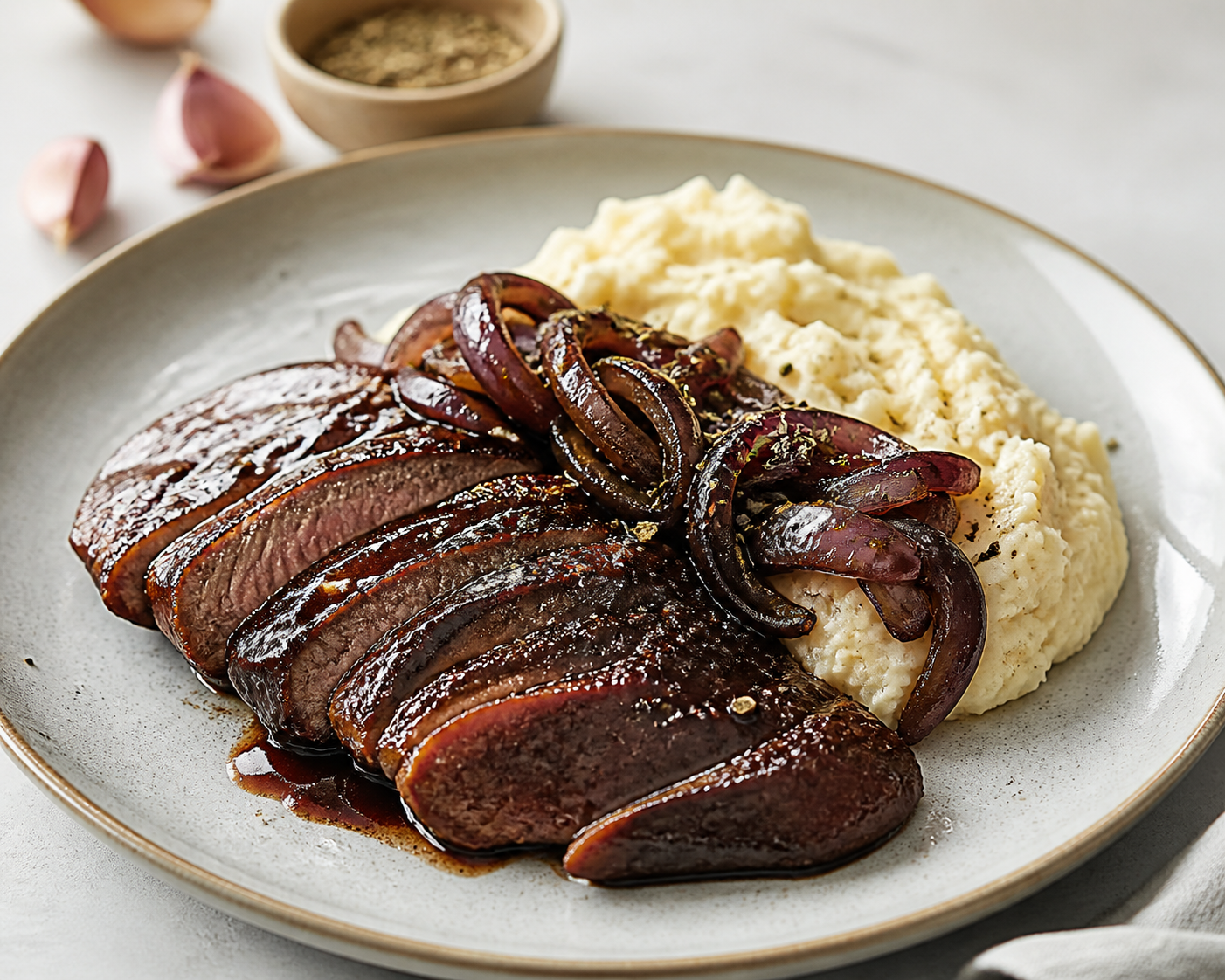 Malbec-Glazed Pork Flank Steak with Rustic Cauliflower Mash and Oregano Onions