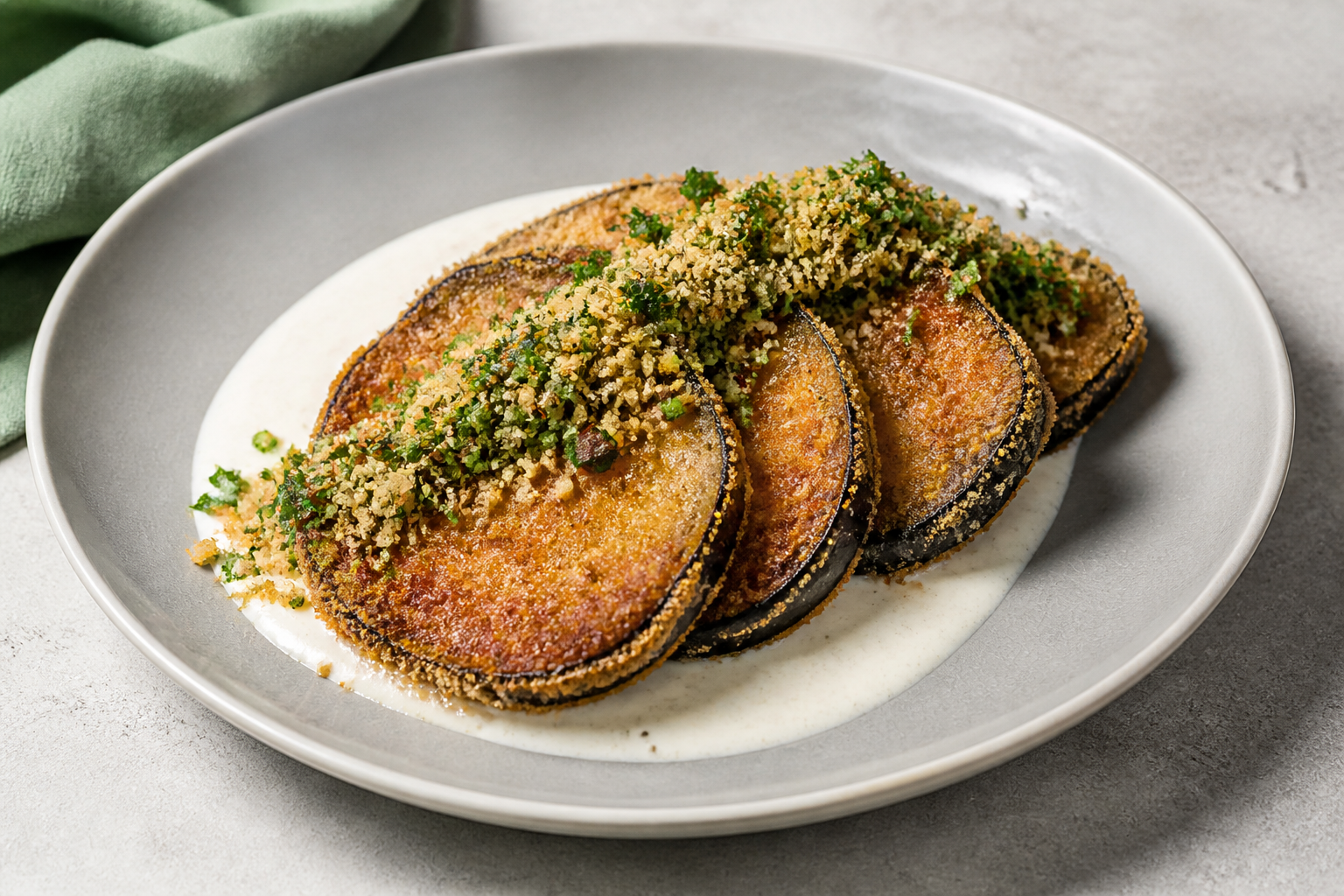 Brazilian Eggplant Cutlets with Coconut-Ginger Cream and Herb Farofa