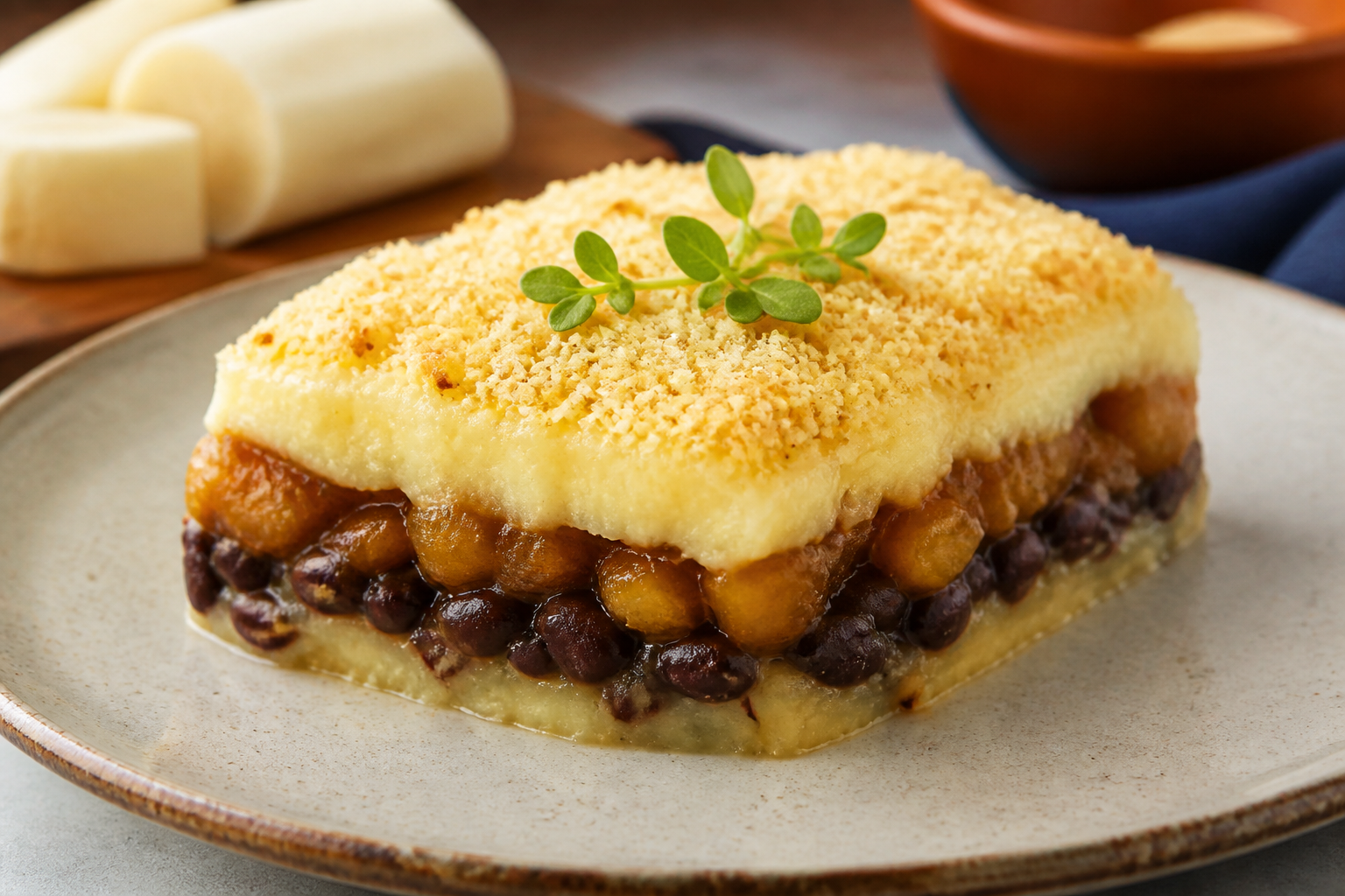 Brazilian Black Bean, Sweet Plantain and Cheese Escondidinho with Toasted Cassava Crumbs