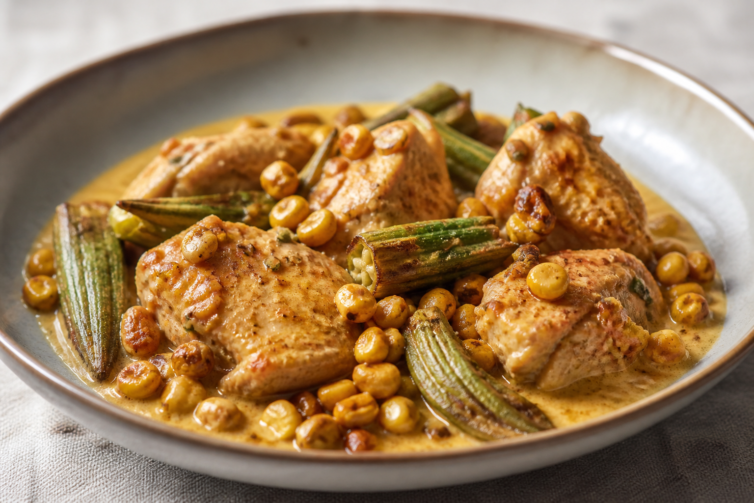 Patoño de Chicken with Toasted Corn, Roasted Okra and Light Coconut Cream