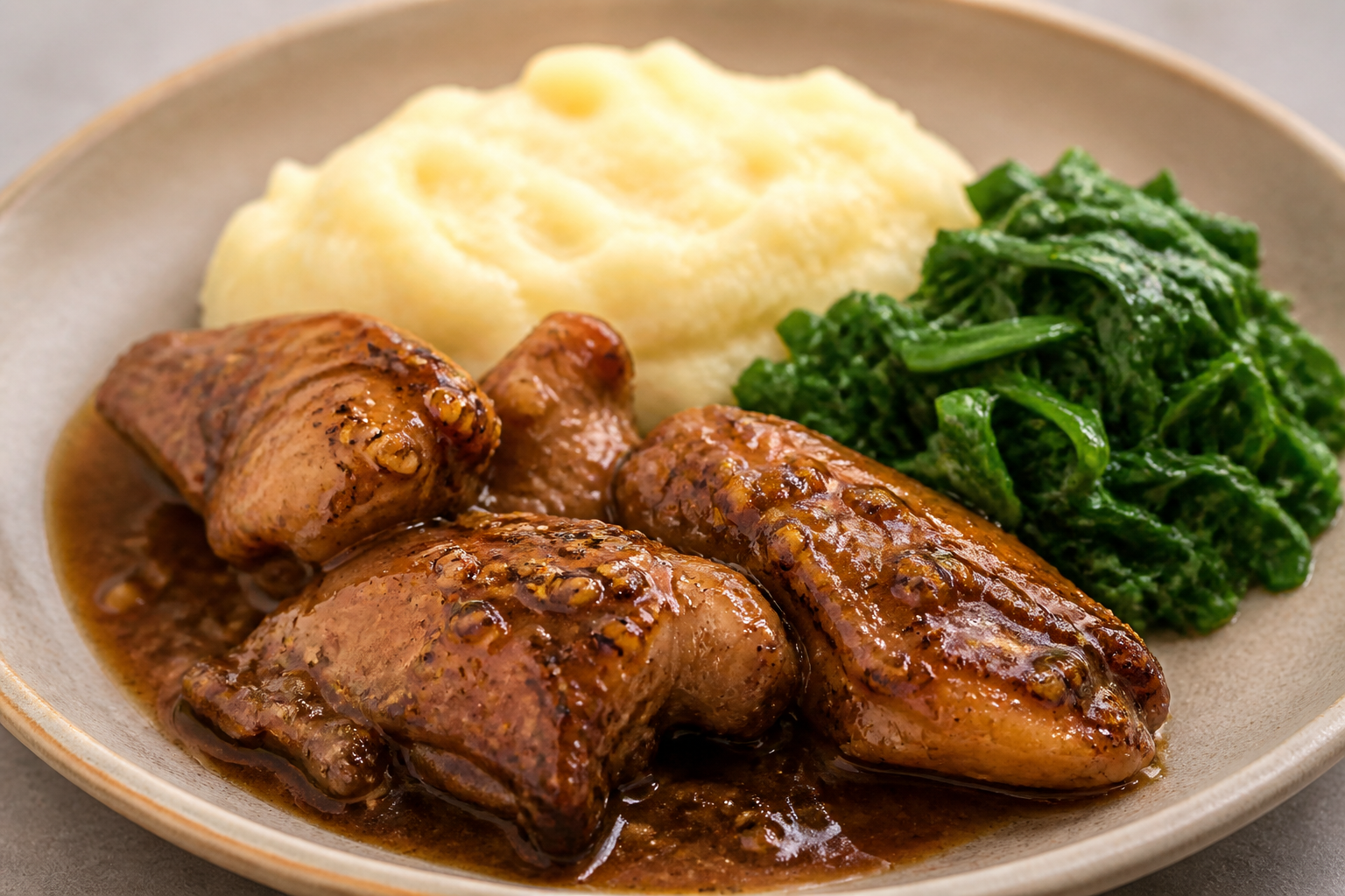 Brazilian Chicken in Coffee-Orange Sauce with Cassava Mash and Crispy Collard Greens