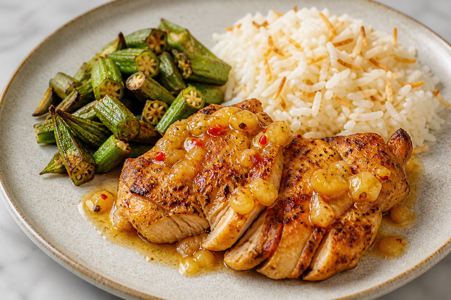 Brazilian Chicken with Roasted Okra, Toasted Coconut Rice and Pineapple Chili Vinaigrette