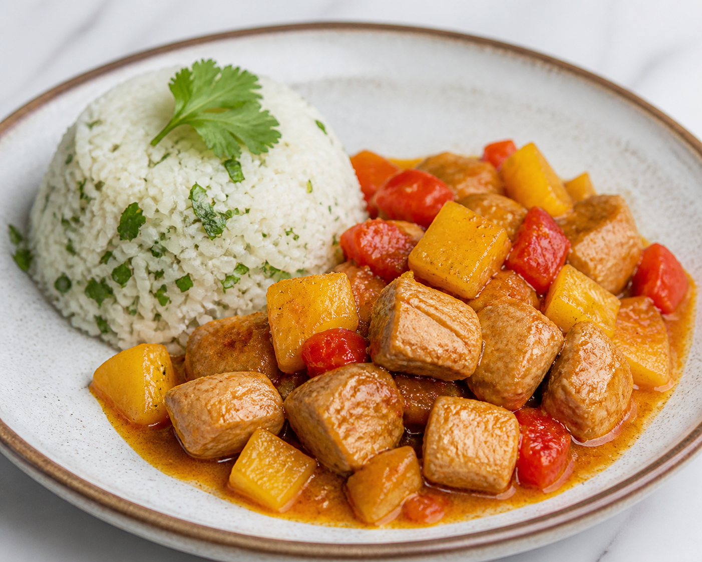 Honduran Pork in Roasted Pineapple and Sweet Pepper Sauce with Cilantro Rice