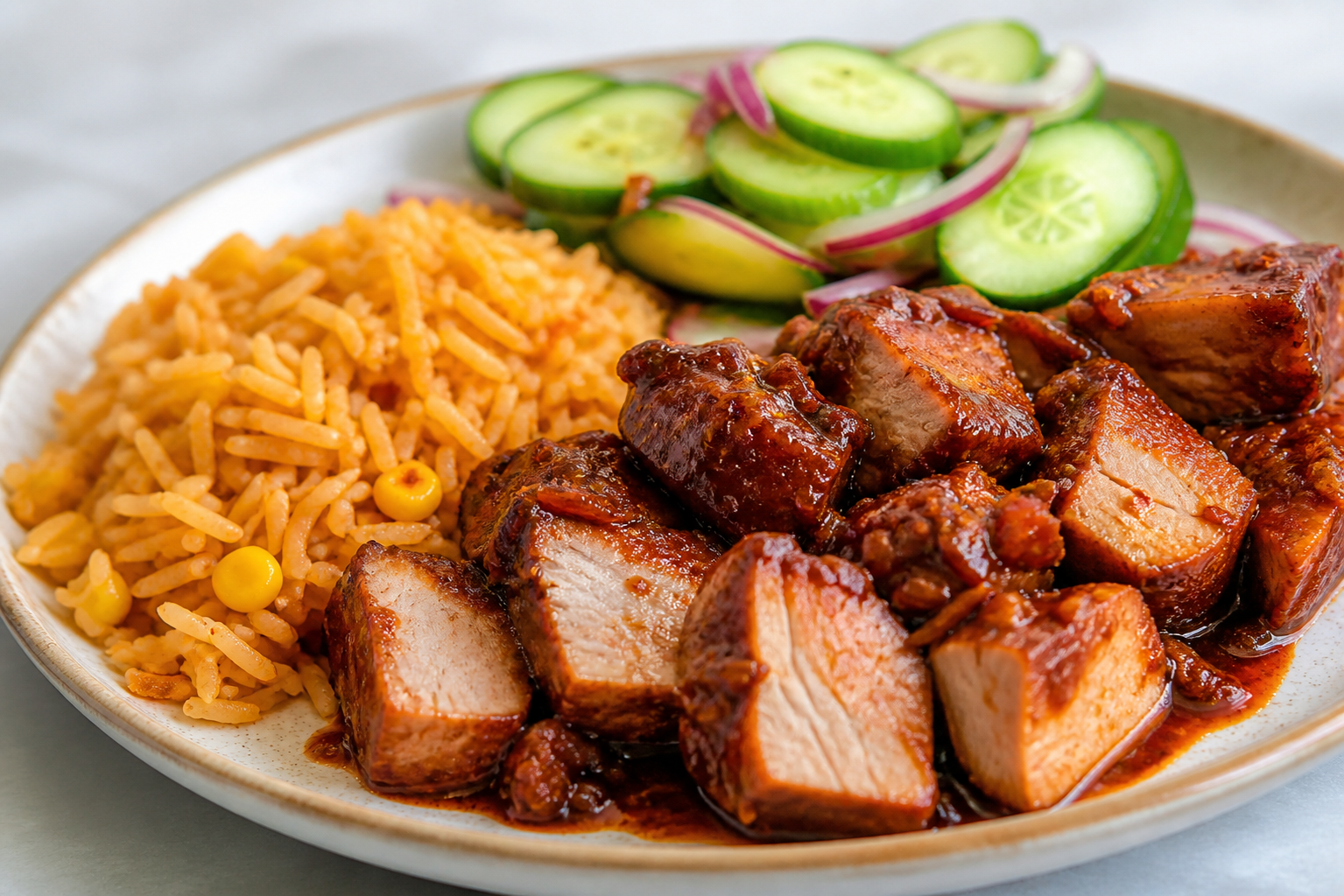 Cerdo Catracho al Horno con Glaseado de Panela y Tamarindo, Arroz con Maíz Tostado y Ensalada de Pepino