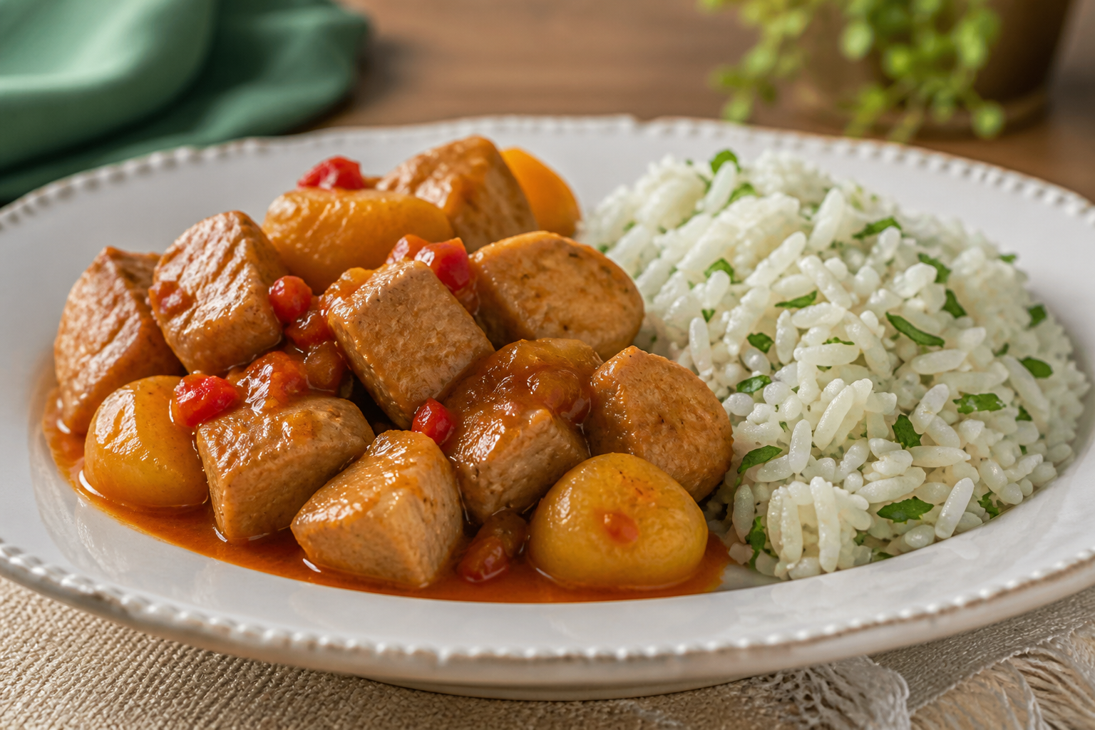 Cerdo Hondureño en Salsa de Jocote y Chile Dulce con Arroz de Culantro
