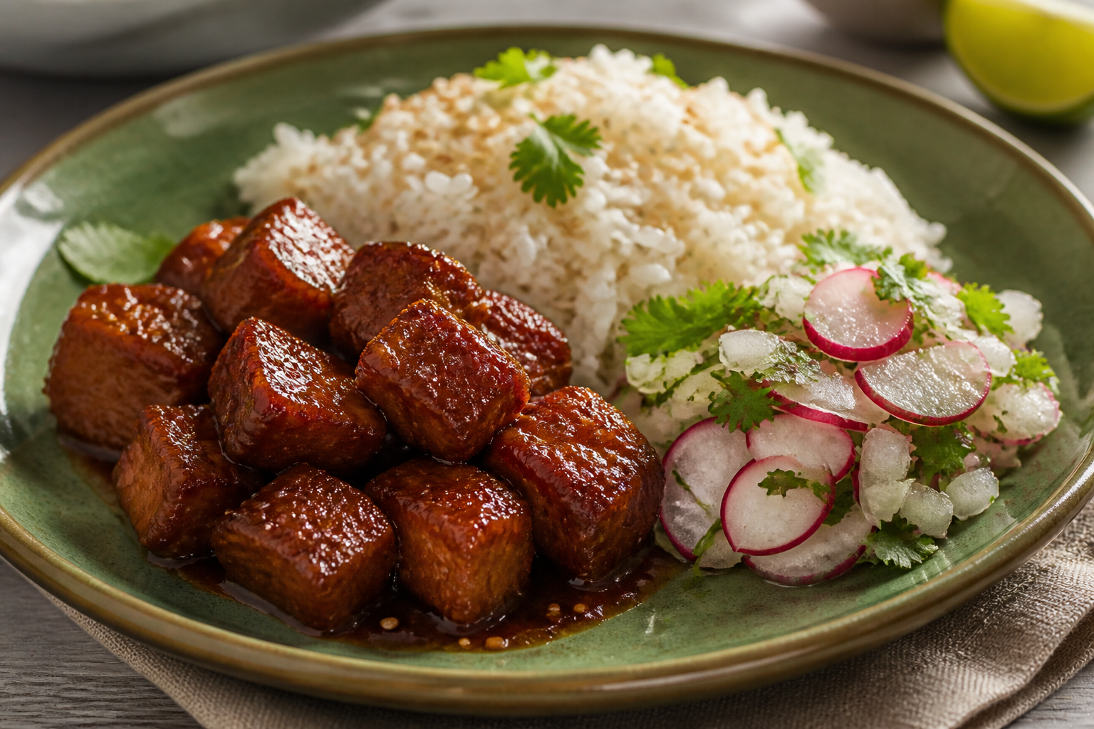 Cerdo Catracho en Glaseado de Panela y Guayaba con Arroz de Ajonjolí y Chismol de Rábano