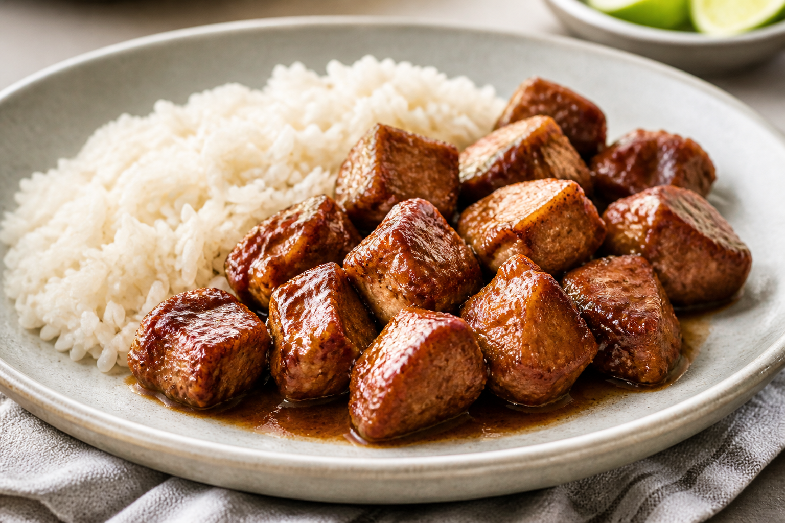 Masitas de Cerdo al Mojo de Tamarindo con Arroz de Coco Salado