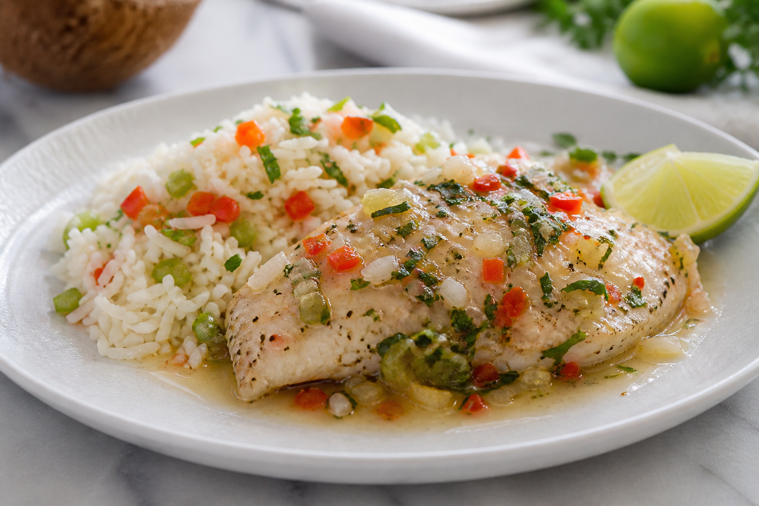 Cuban Creole Fish in Coconut-Lime Mojo with Soft Pepper Rice