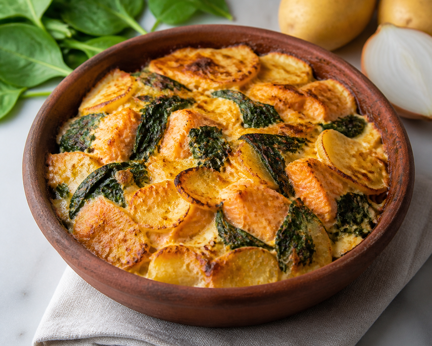 Cazuela Gratina de Papas, Espinaca y Salmón al Merkén