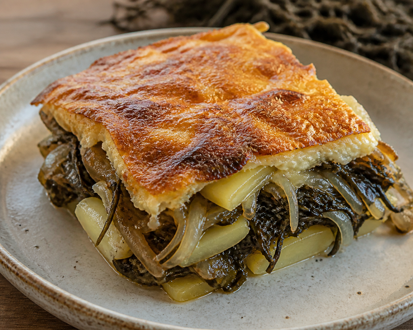 Pastel de Papas Rústico con Pino de Cochayuyo, Cebolla Caramelizada y Costra de Queso Chanco
