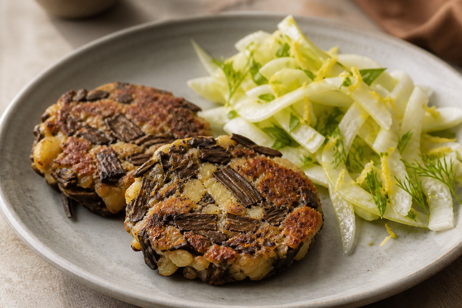 Chilean Cochayuyo and Potato Patties with Warm Fennel Lemon Salad
