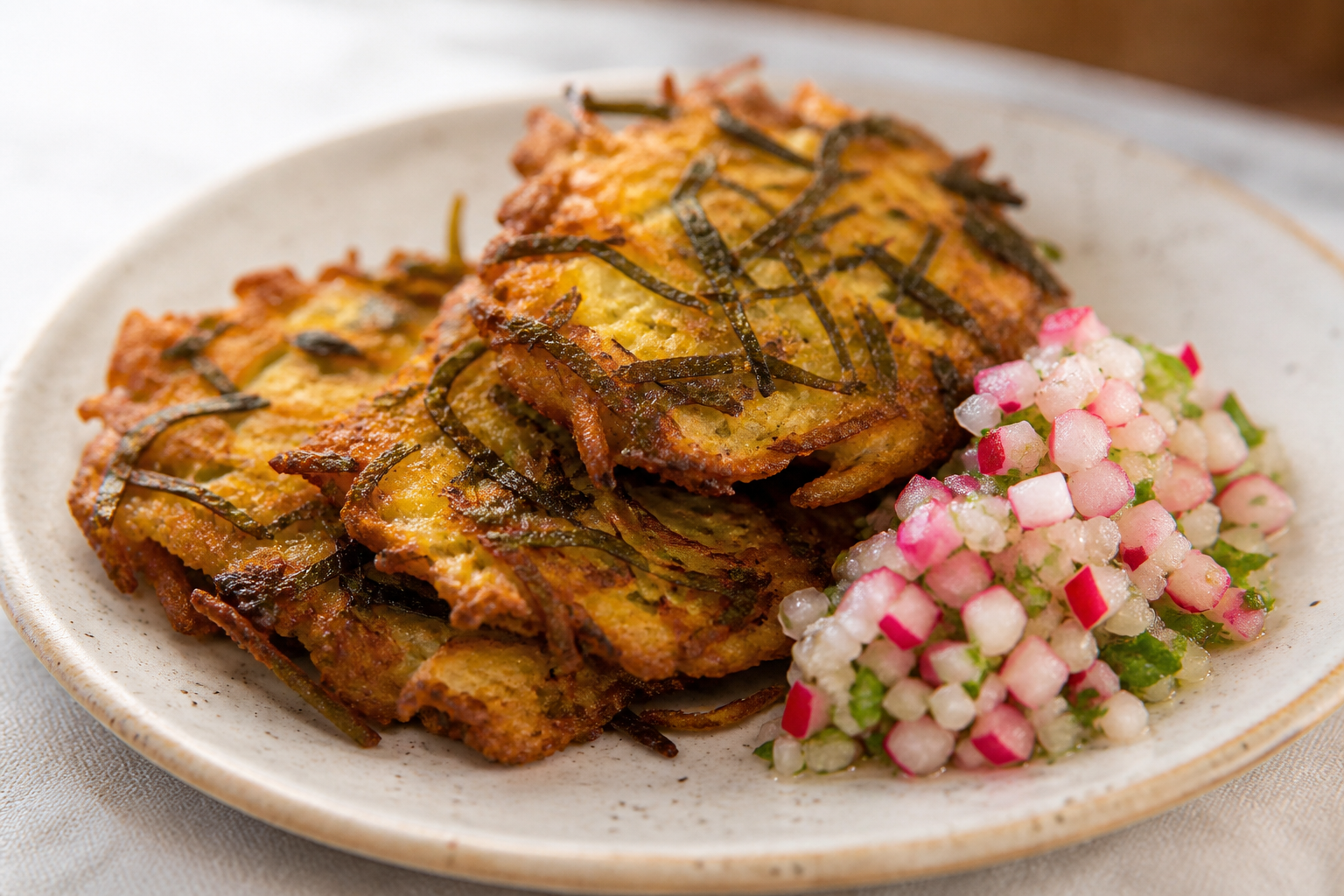 Tortitas Chilenas de Cochayuyo y Papa Dorada con Pebre de Rabanitos