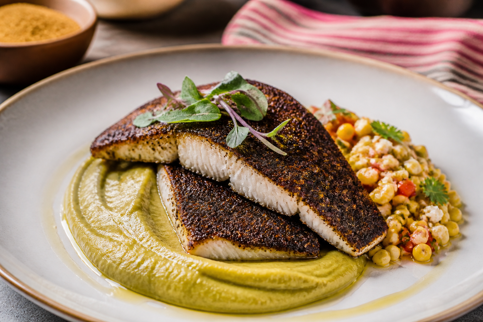 Corvina al Café de Loja con Puré de Verde y Ensalada Tibia de Choclo