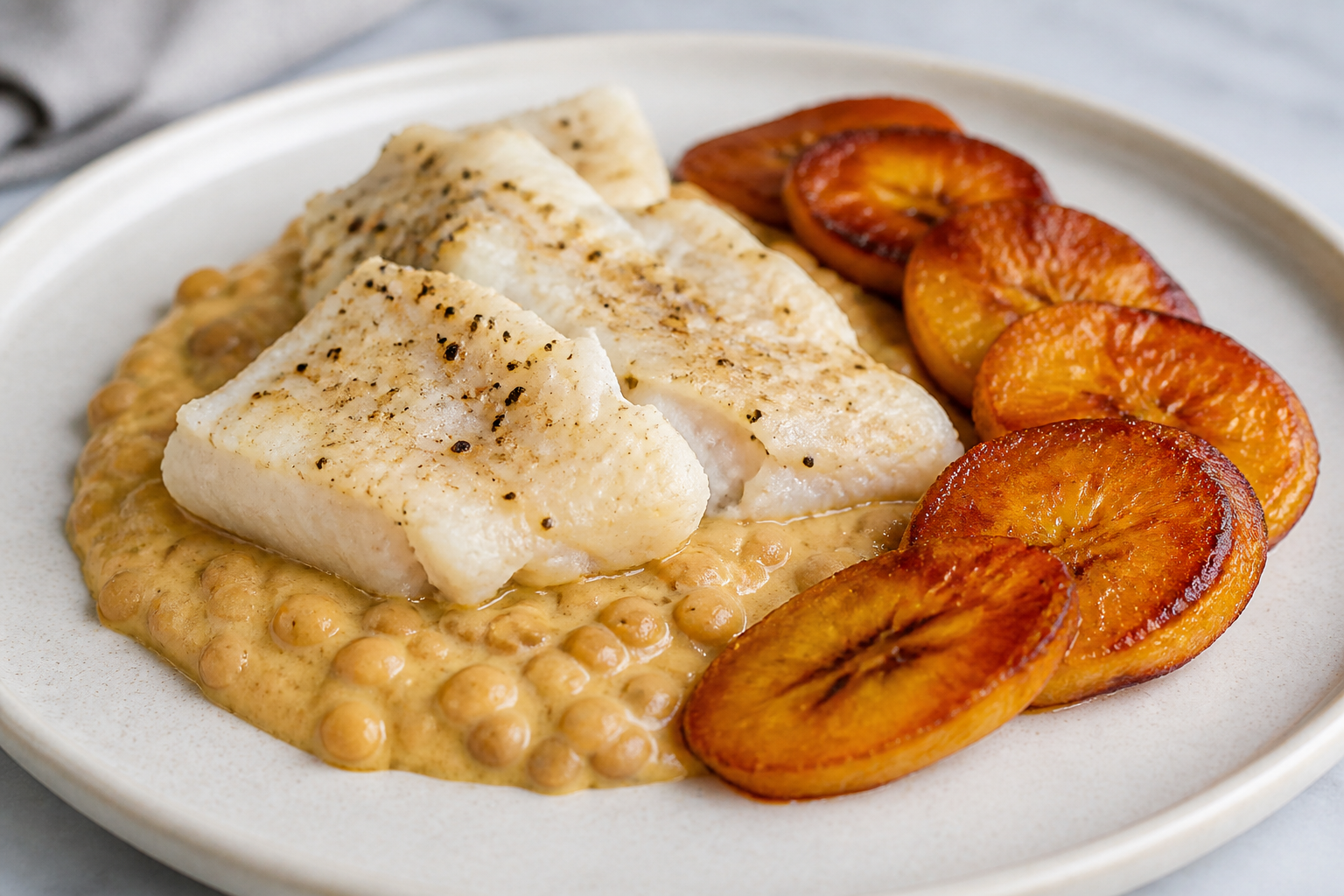 Andean Cod in Peanut-Barley Sauce with Roasted Sweet Plantain