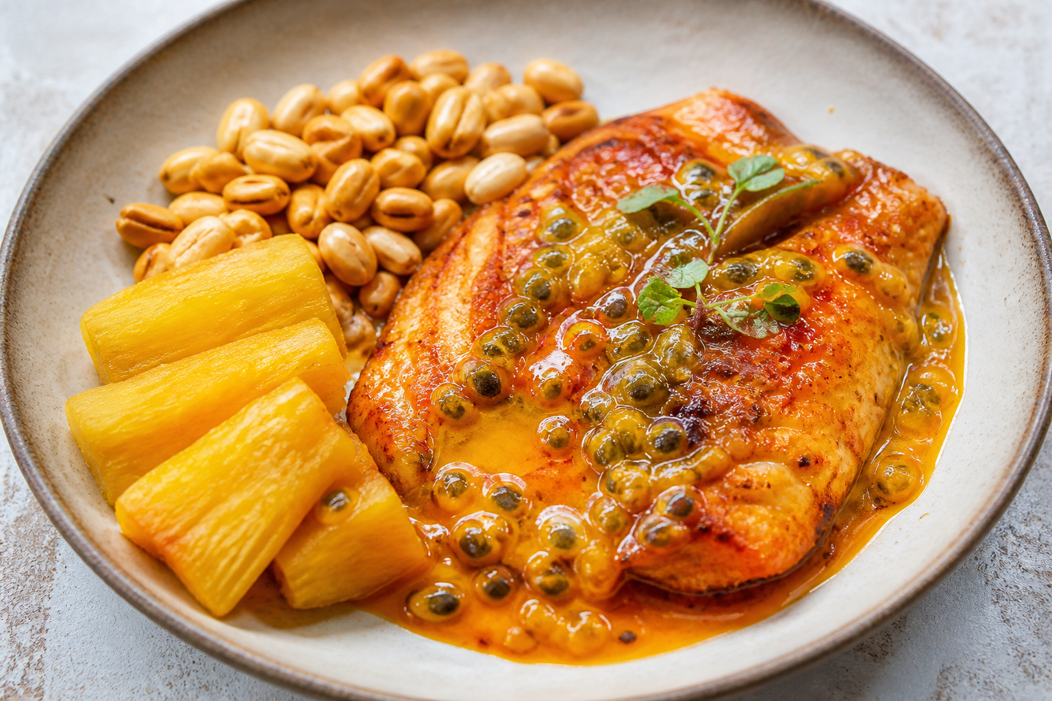 Quito-Style Sea Bass in Passion Fruit and Achiote Sauce with Toasted Corn and Golden Yuca