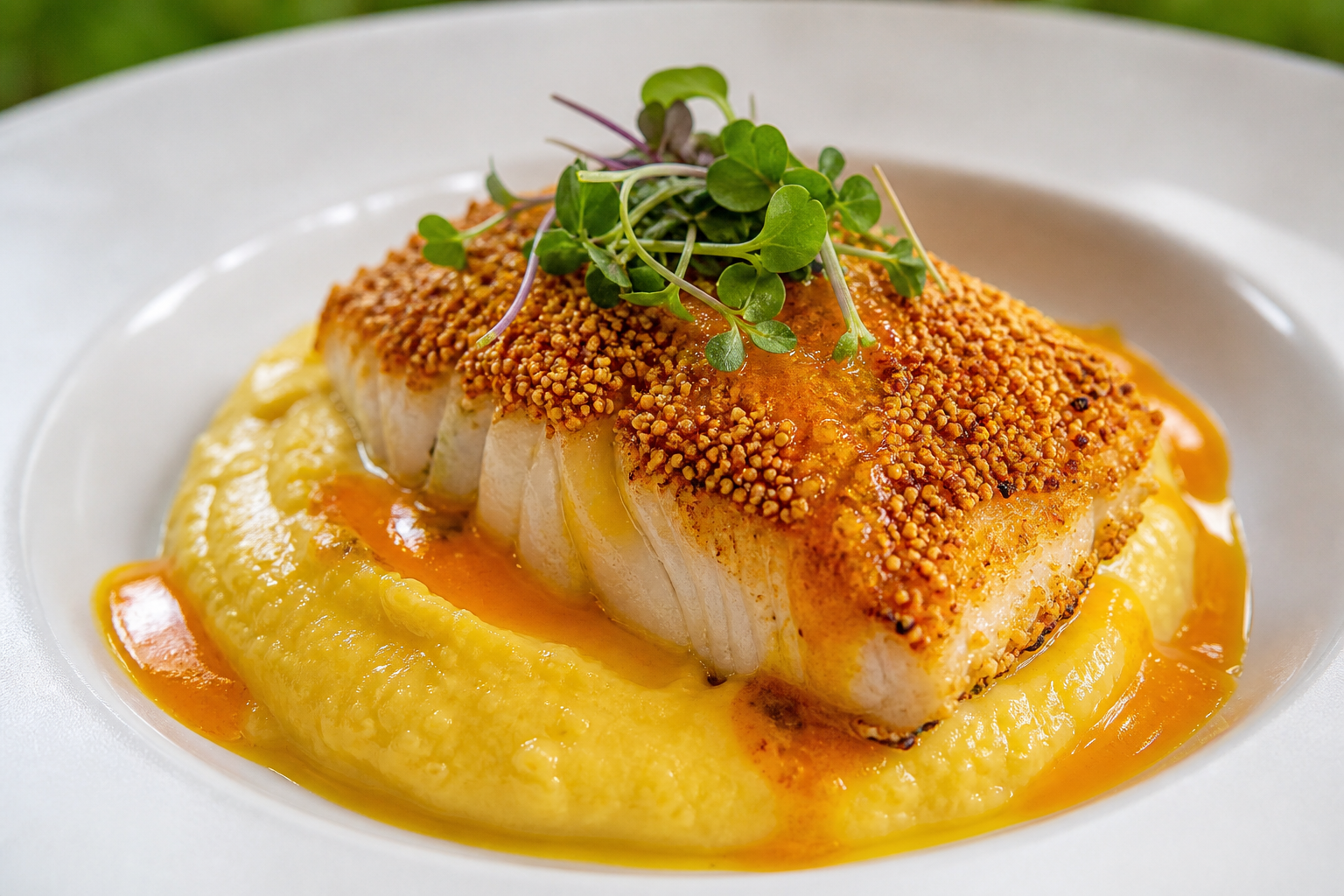 Quito-Style Amaranth-Crusted Sea Bass with Sweet Corn Purée and Warm Naranjilla Sauce