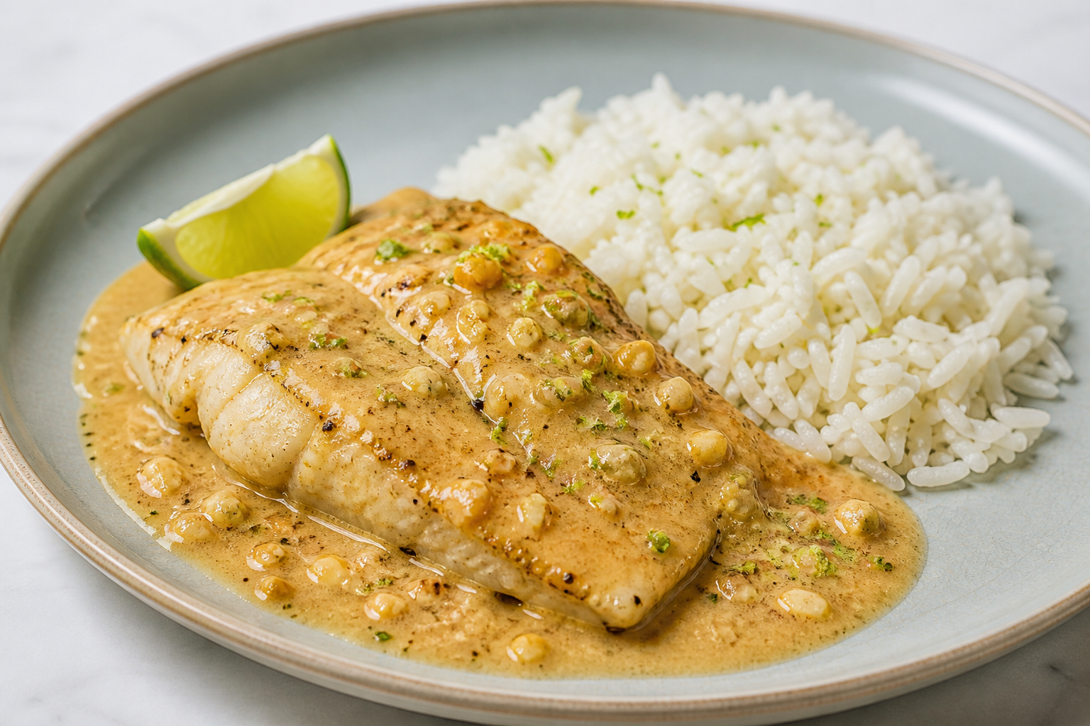 Esmeraldas-Style Corvina in Peanut-Lime Sauce with Savory Coconut Rice