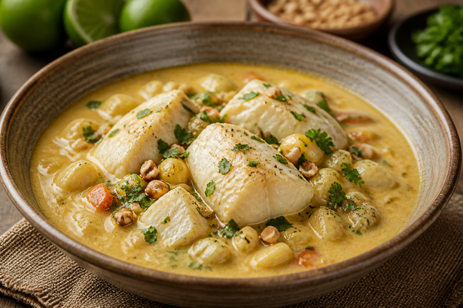 Cazuela Quiteña de Choclo y Bacalao Fresco con Maní y Hierbas