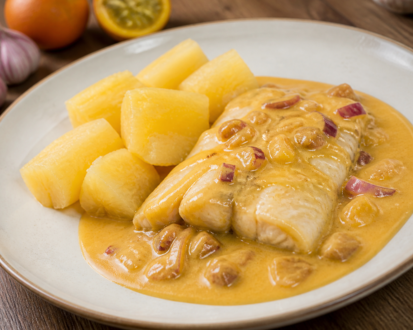 Fresh Cod in Peanut-Naranjilla Sauce with Golden Yuca