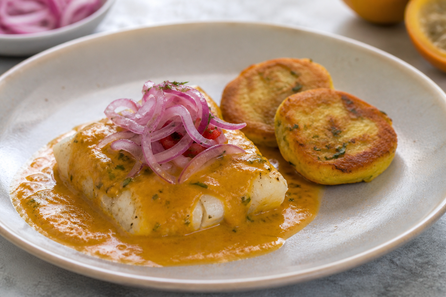 Bacalao Criollo en Salsa de Maní y Naranjilla con Tortitas de Yuca y Cebolla Encurtida