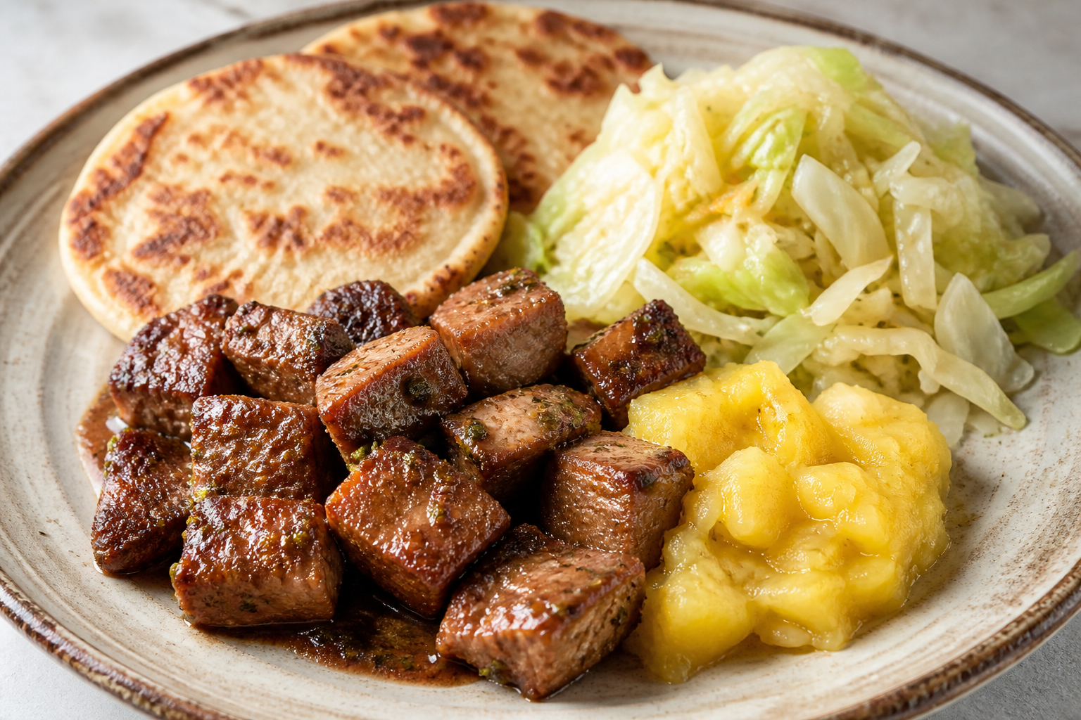 Cerdo Dominicano en Adobo de Piña, Ron y Orégano con Casabe Tostado y Ensalada Tibia de Repollo