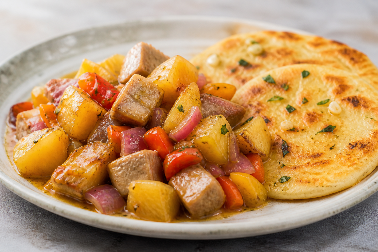 Dominican Pork in Roasted Pineapple and Sweet Pepper Sauce with Toasted Garlic Cassava Flatbread