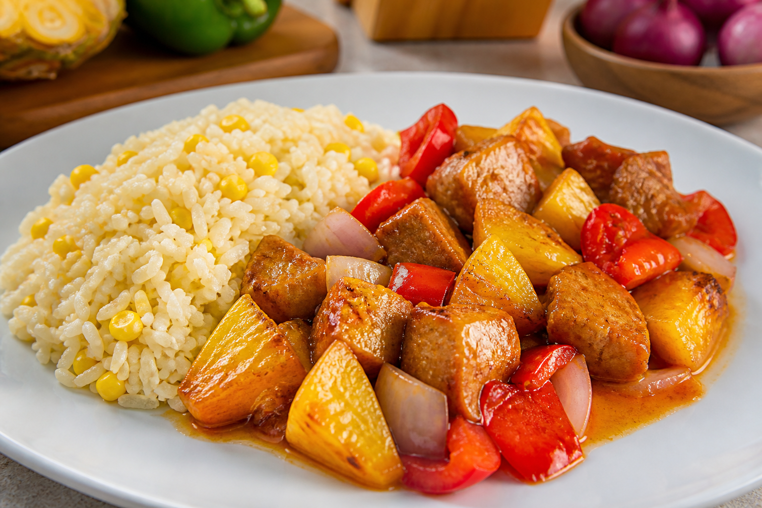 Cerdo Dominicano en Salsa de Piña Asada y Ajíes Dulces con Arroz Cremoso de Maíz