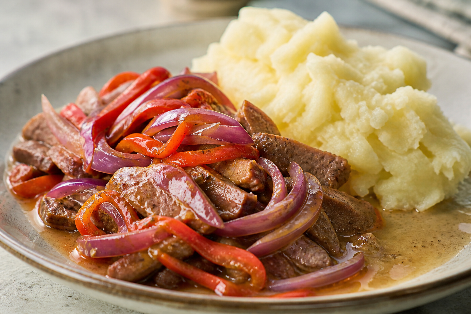 Bistec Dominicano en Salsa de Cebolla Morada y Naranja Agria con Puré Rústico de Yuca al Ajo